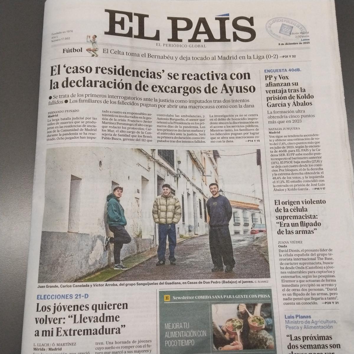 Portada de El País 8 dic 2025